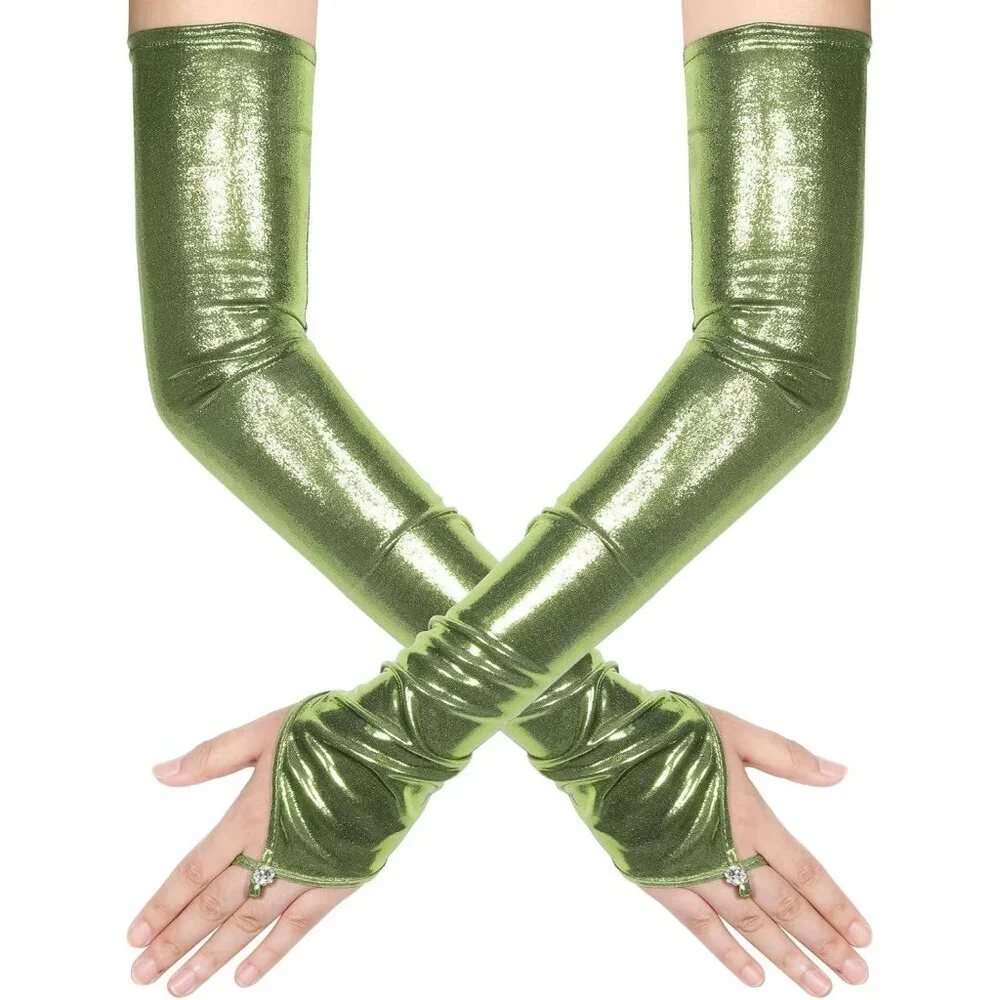 Women's Green Shiny Elastic Satin Rave Fingerless Long Gloves Party Costume